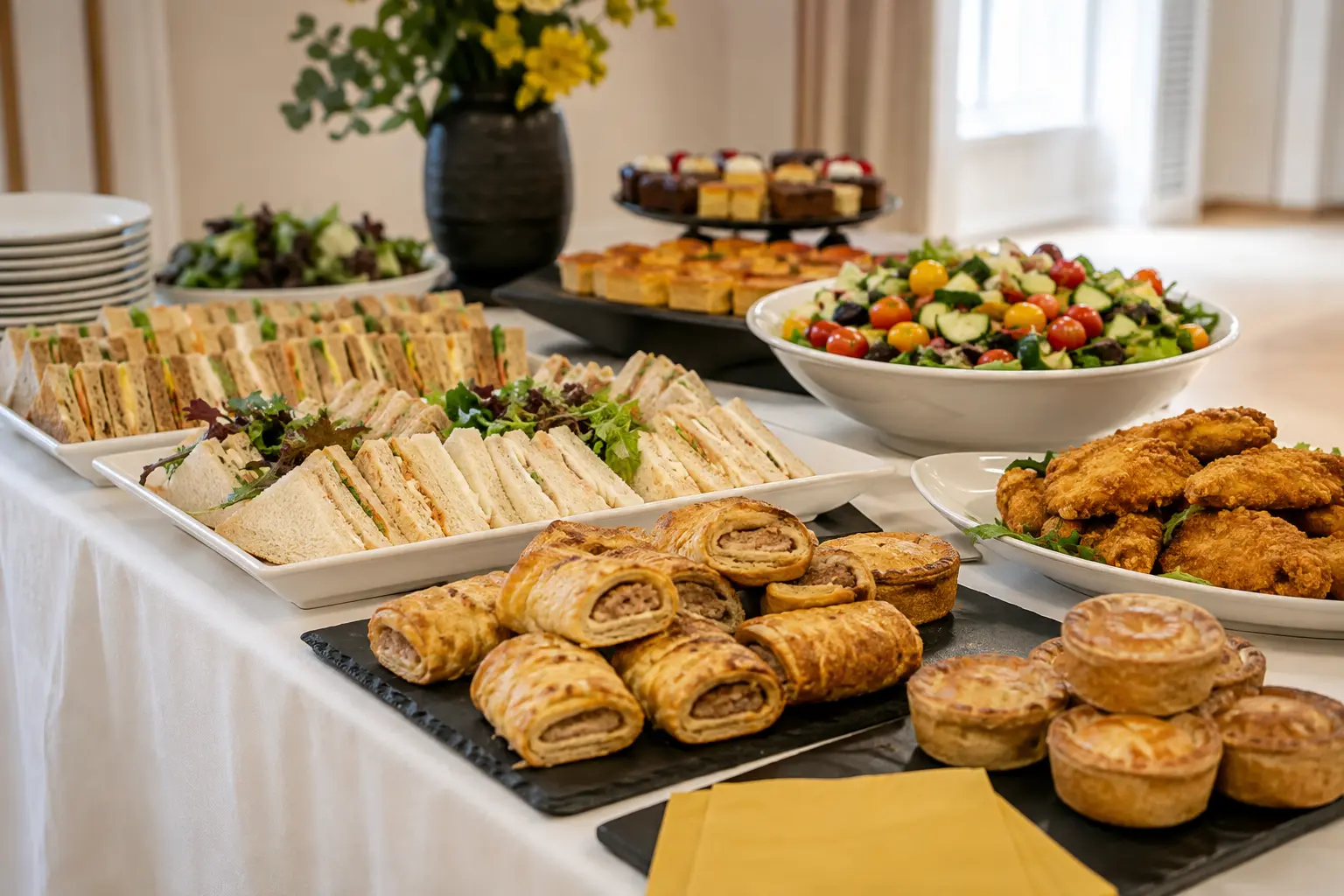 Sandwiches, savoury pastries, salad and cakes arranged as a buffet